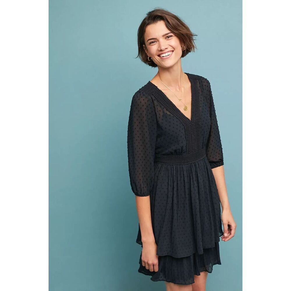 NWT ANTHROPOLOGIE Meadow Rue Black Minetta Crochet Sheer Tiered Dress 4 Petite